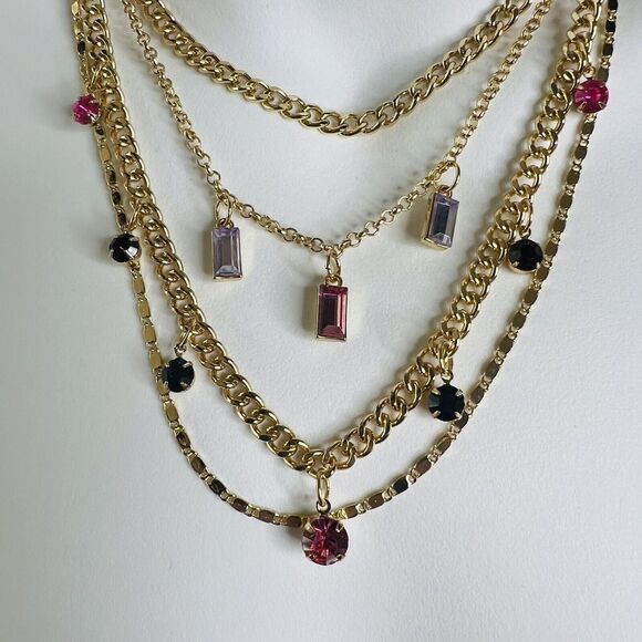 Multi Strand Layered Chains Crystal Gold Necklace Green Pink Purple Red 1365 - Picture 3 of 7